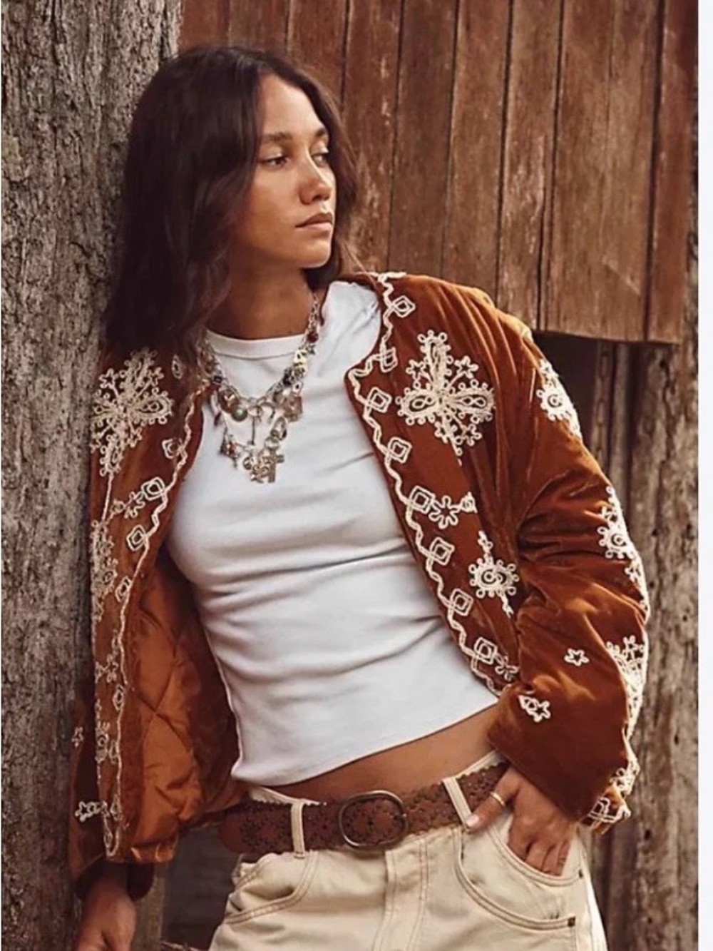Free People Mia Jacket Embroidered Rust Velvet Women's Jacket